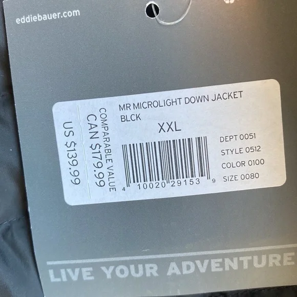 NEW Men’s Eddie Bauer Microlight Down Jacket Coat Black XXL